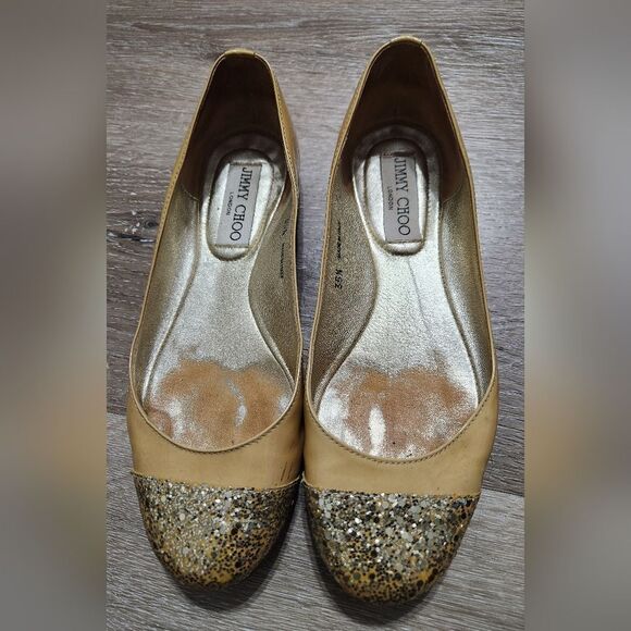 Jimmy Choo Whirl Ballet Flats Tan Beige  Glitter Cap Toe Patent Leather Sz 35.5 - Picture 2 of 11